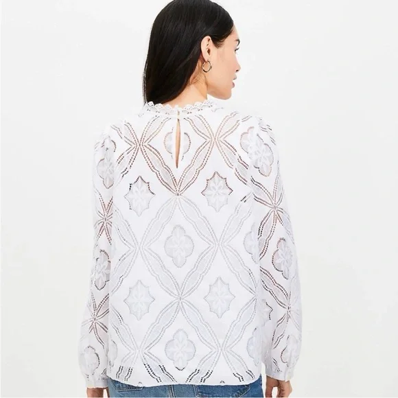 LOFT Mosaic Lace Blouse, Size M, White - Picture 2 of 8
